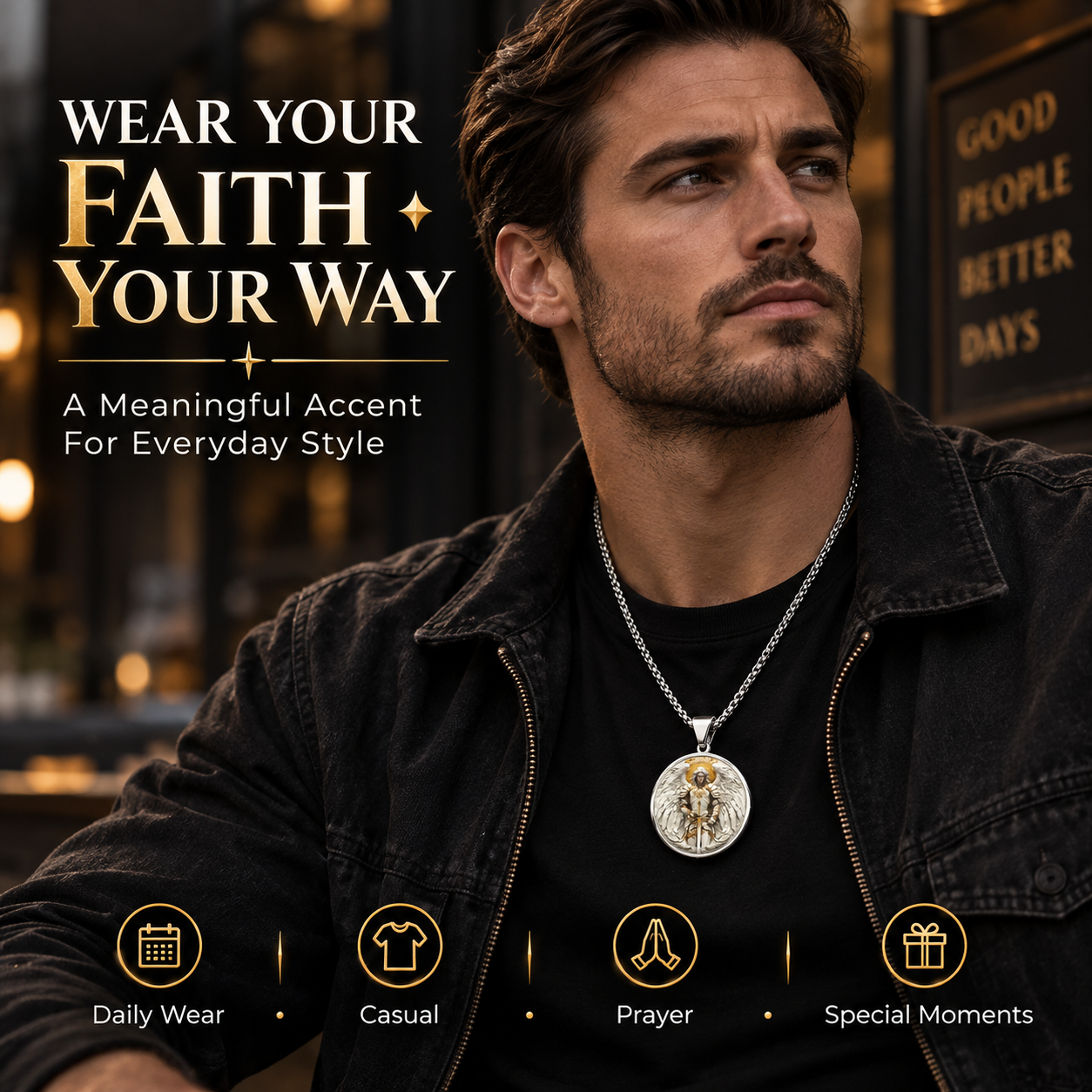 Angel Warrior pendant worn daily with casual clothing