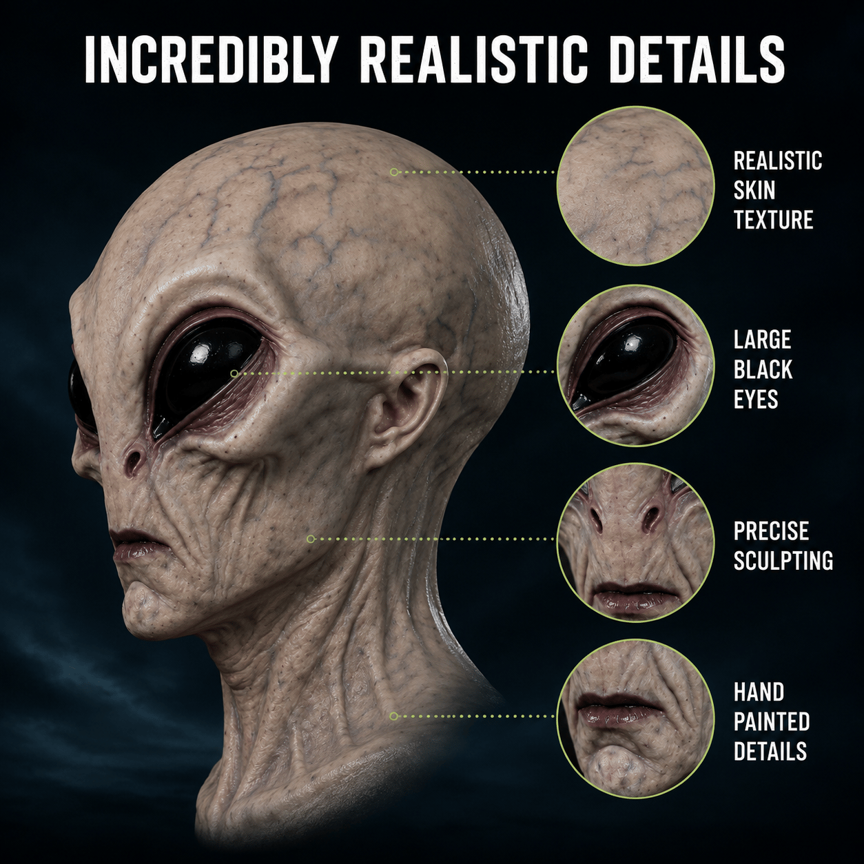 Detailed side view of realistic alien mask