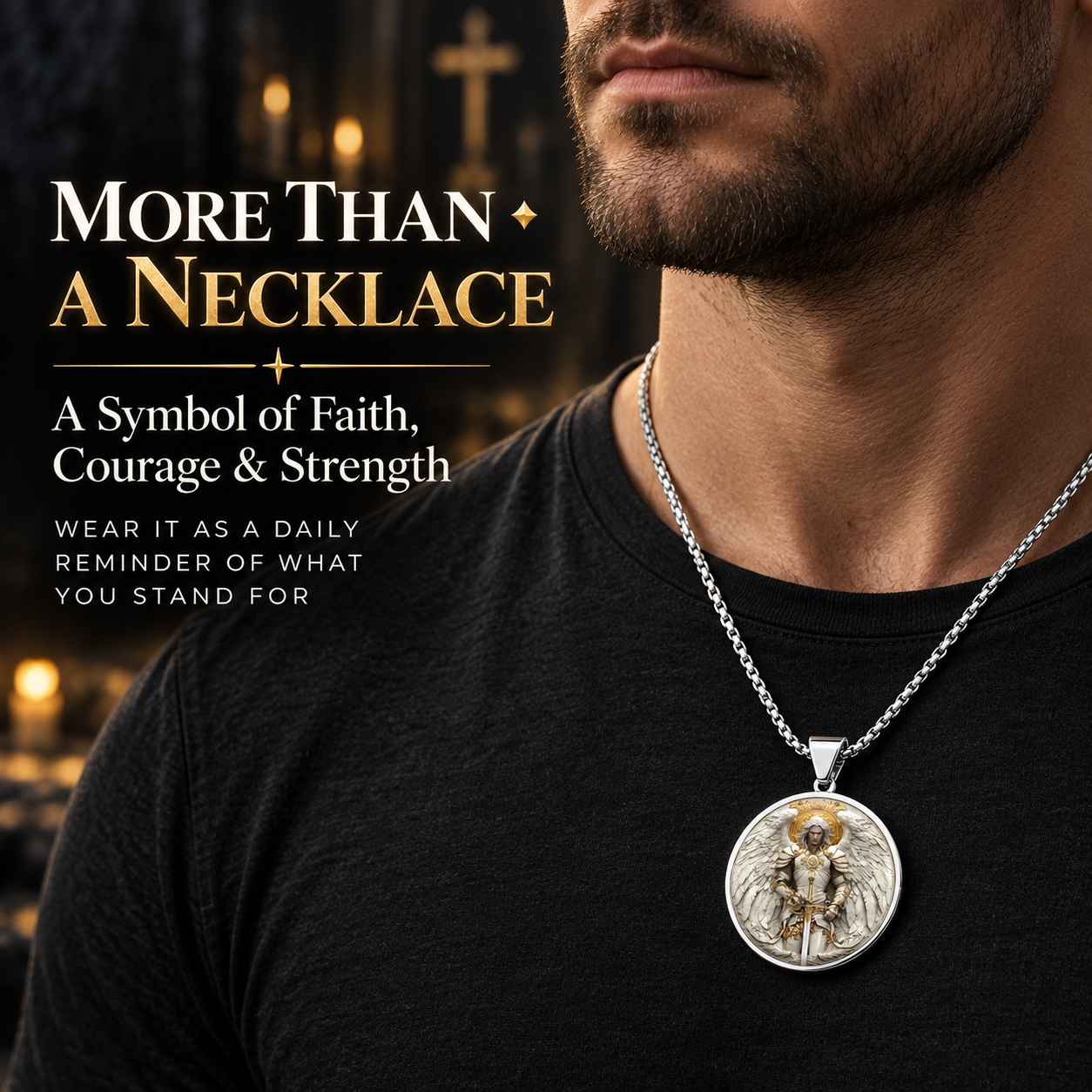 Man wearing the Angel Warrior pendant necklace