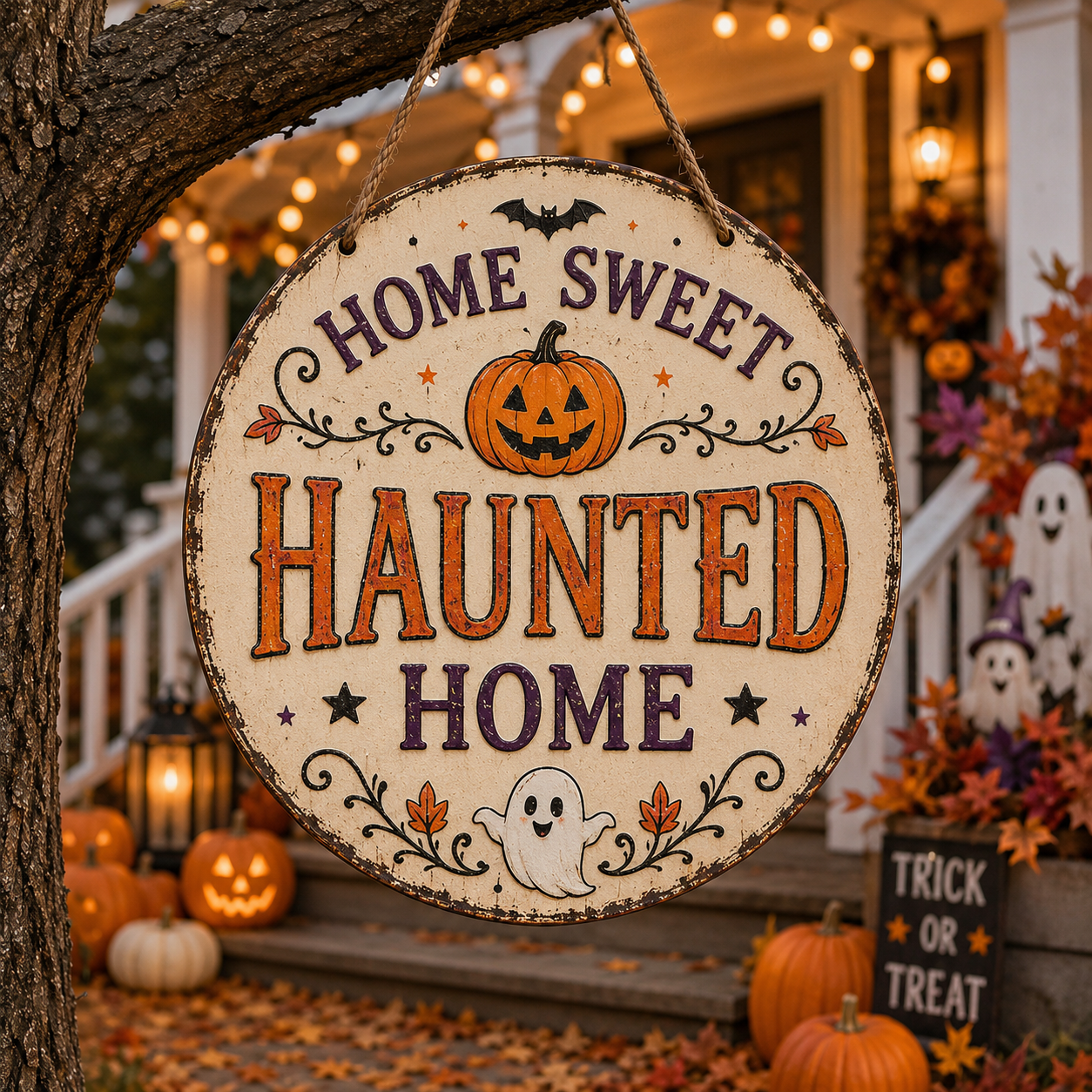 Cute Home Sweet Haunted Home porch hanging sign with pumpkin and ghost
