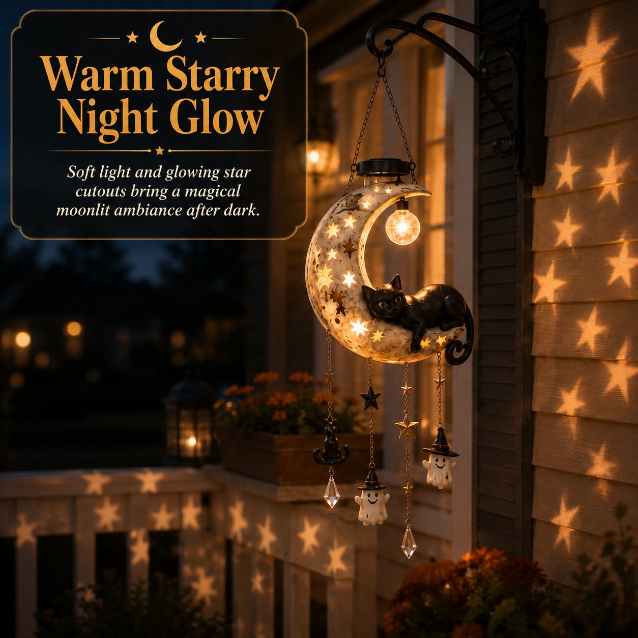 Warm starry glow from the solar crescent moon lantern at night
