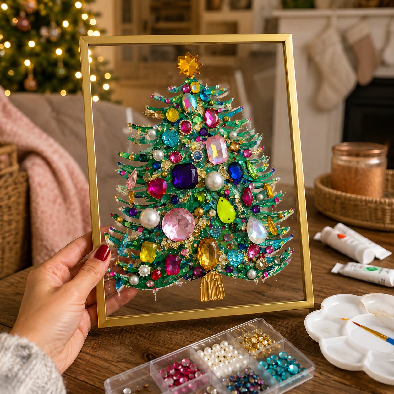 ✨Limited-Time 70% OFF–🎄 DIY Jeweled Christmas Tree Art Kit | Colorful Gems, Pearls, Paints & Gold-Tone Floating Display Frame 💎✨