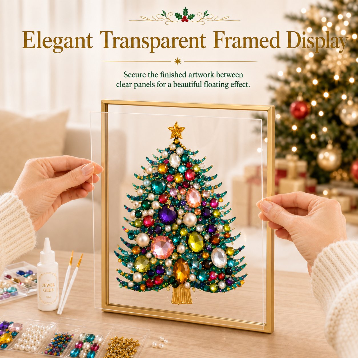 ✨Limited-Time 70% OFF–🎄 DIY Jeweled Christmas Tree Art Kit | Colorful Gems, Pearls, Paints & Gold-Tone Floating Display Frame 💎✨