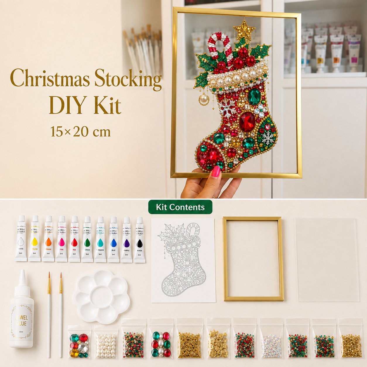 ✨Limited-Time 70% OFF–🎄 DIY Jeweled Christmas Tree Art Kit | Colorful Gems, Pearls, Paints & Gold-Tone Floating Display Frame 💎✨