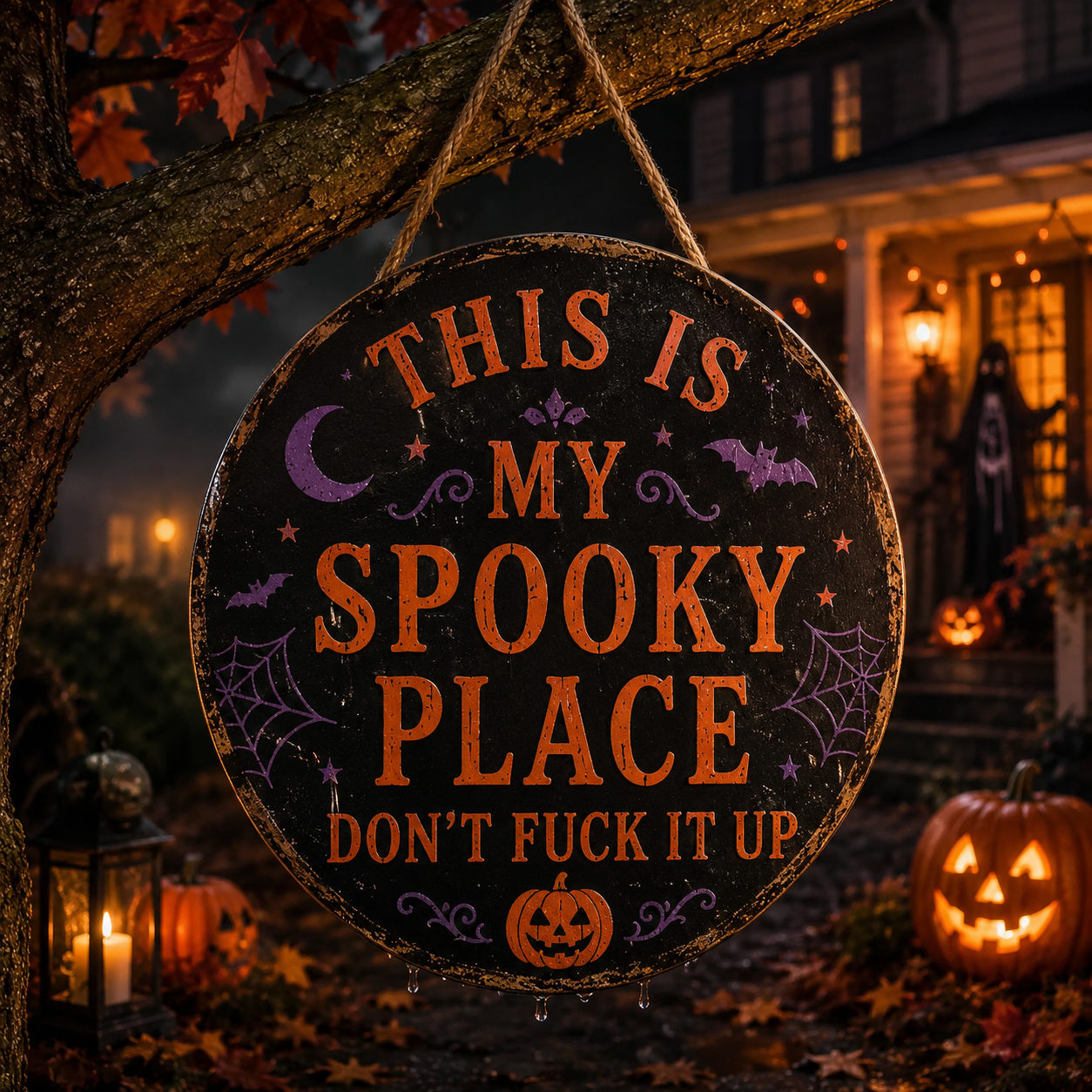 Classic Haunted Place Halloween hanging sign displayed outdoors