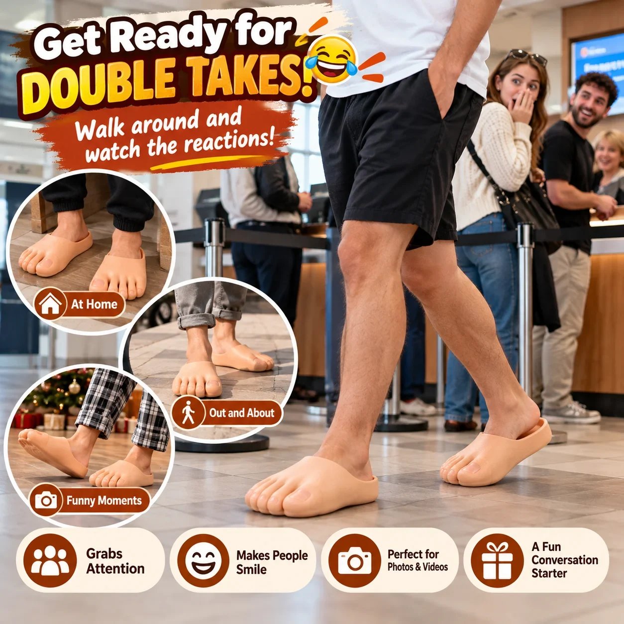 🔥Last 40pcs🎉-😂 Realistic Barefoot Slippers – Funny Giant Toe Slides, Hilarious Prank Gift 👣