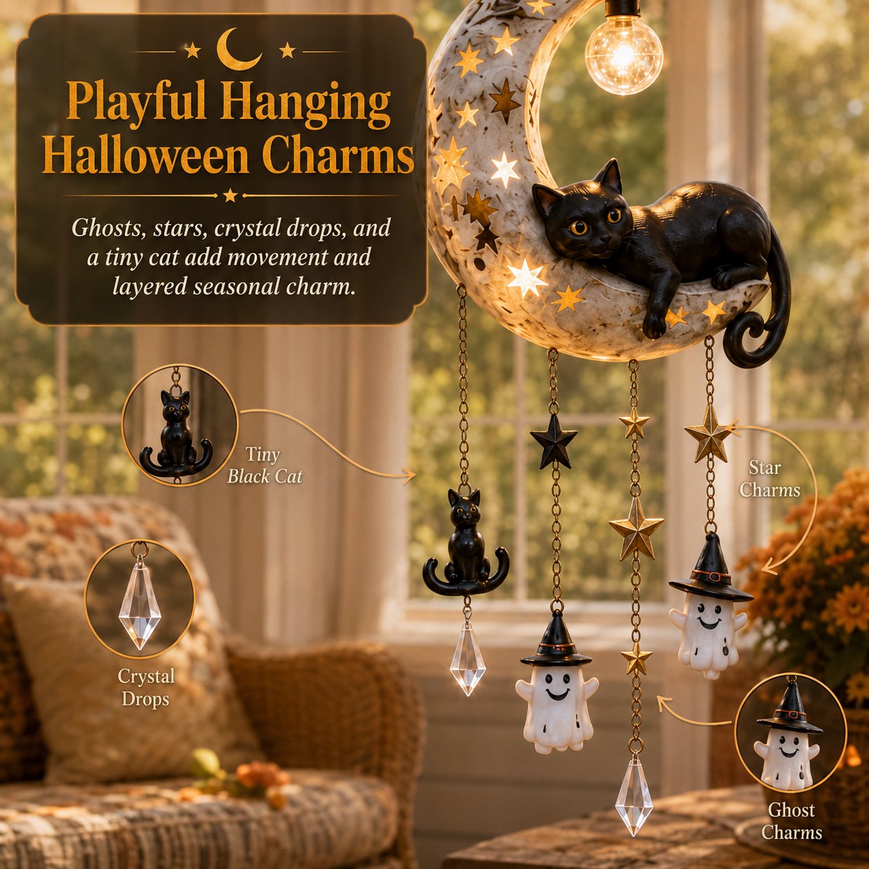 Hanging ghost star cat and crystal-style charms