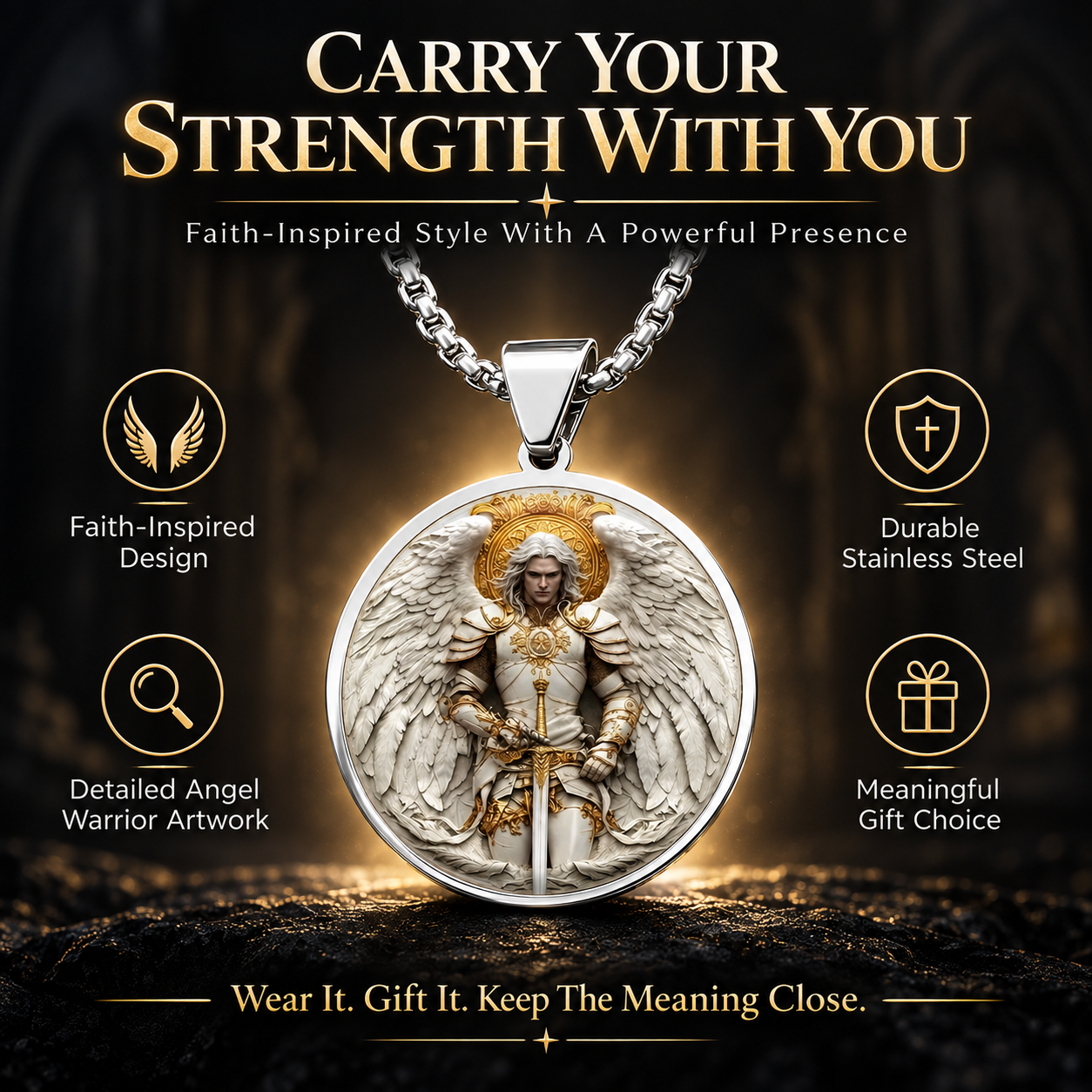 Angel Warrior pendant necklace — full view with chain and pendant details