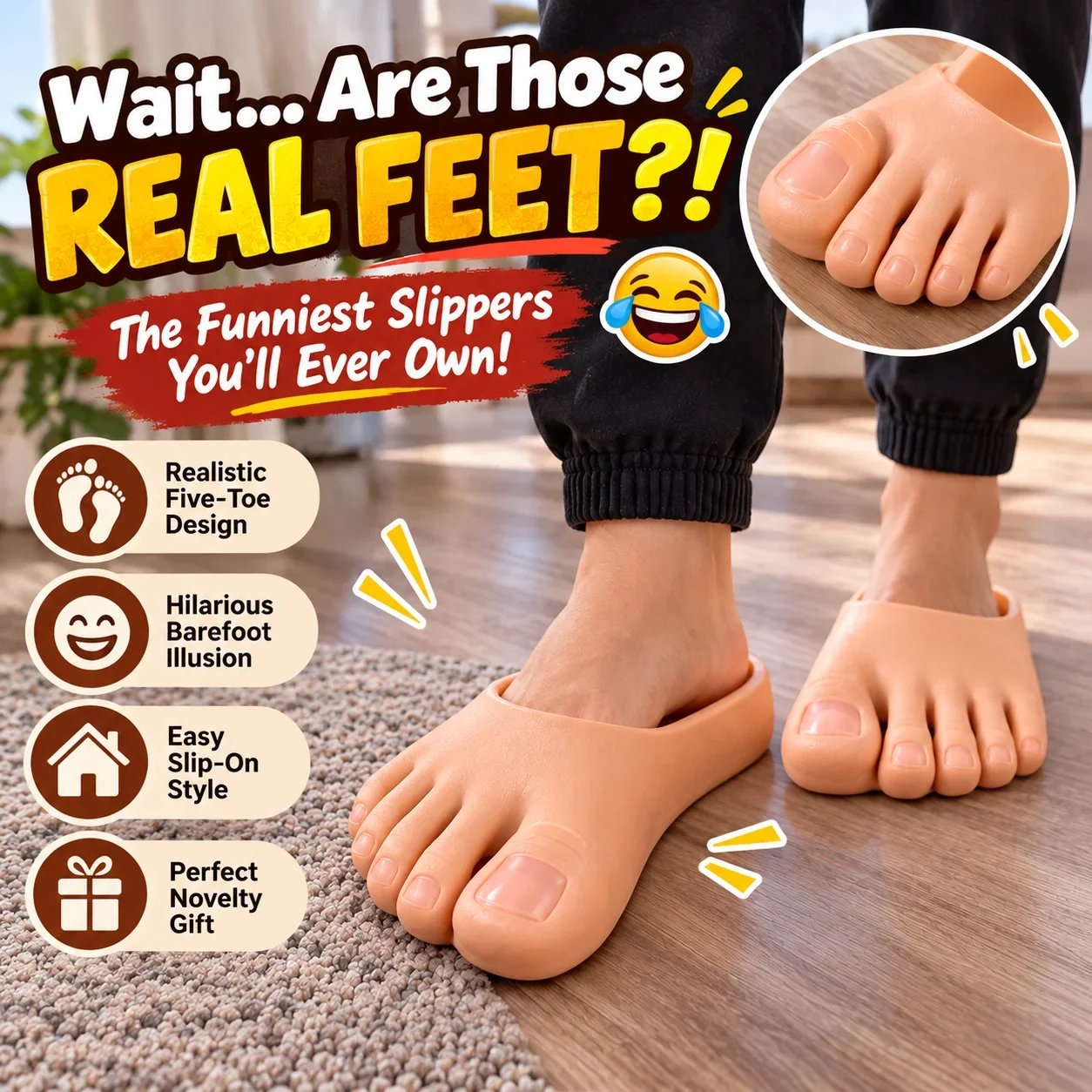 🔥Last 40pcs🎉-😂 Realistic Barefoot Slippers – Funny Giant Toe Slides, Hilarious Prank Gift 👣