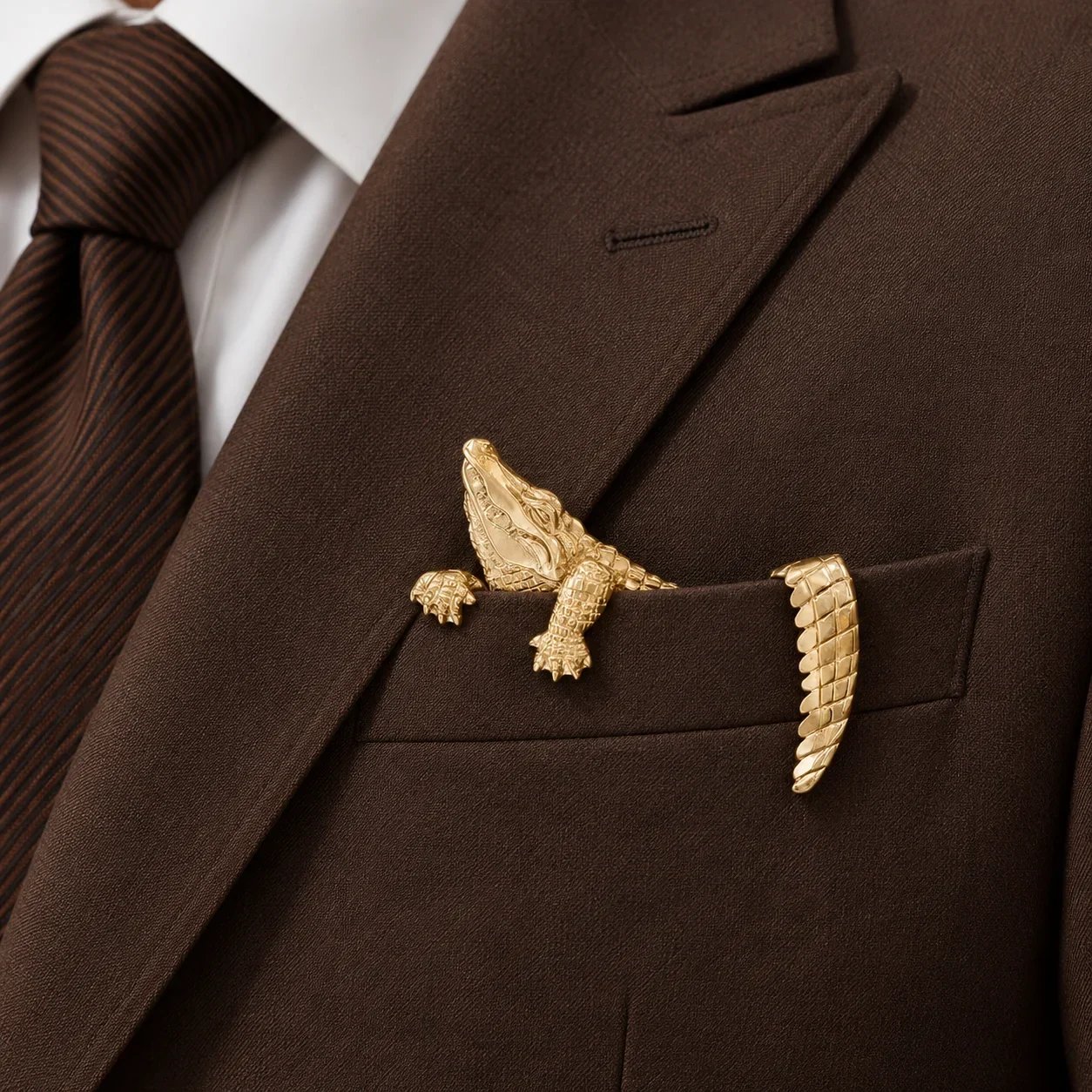 Gilded alligator sculpted pocket brooch worn with a brown suit
