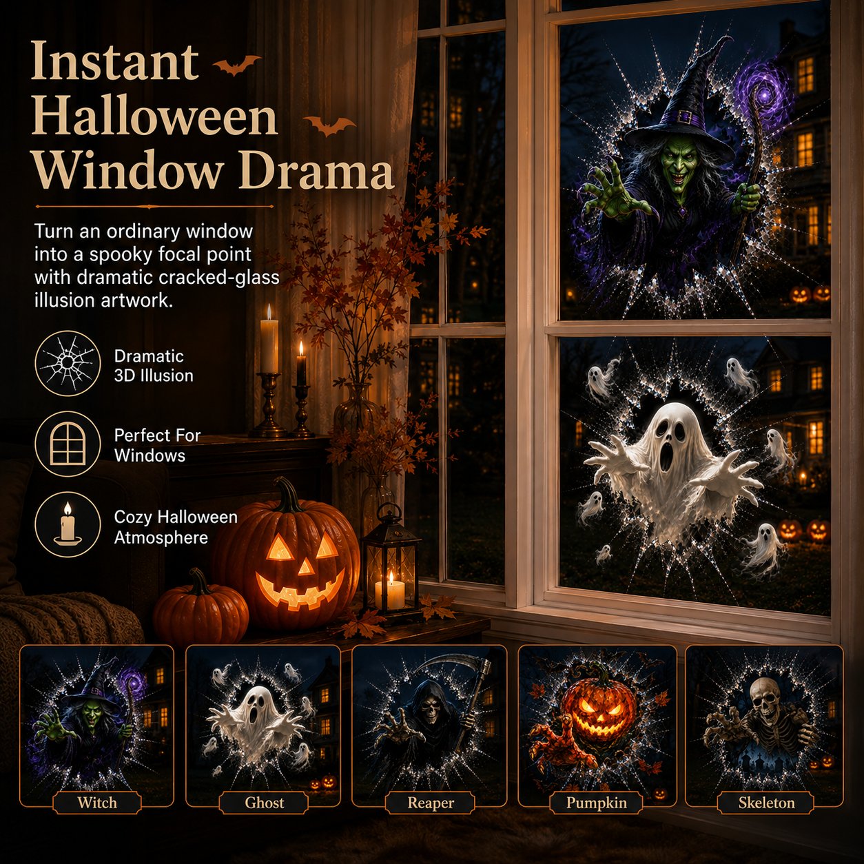🎃 2026 Halloween Window Decals – 3D Crack Glass Spooky Decorations for a Haunted Halloween Scene