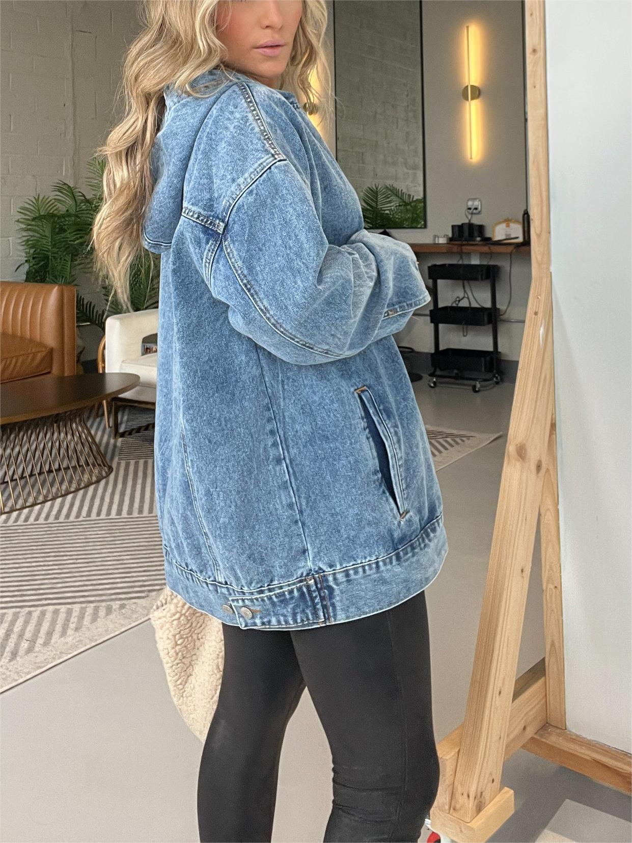 Denim Hooded Sweatshirt with Front Pockets (Buy 2 Free Shipping)