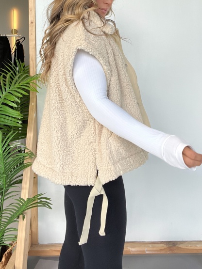 Sleeveless Button Paneled Sherpa Vest with Pockets (Buy 2 Free Shipping)