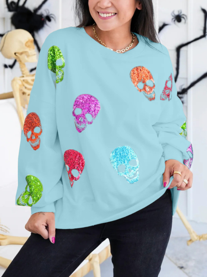 Multi Colored Sequin Skulls Sweatshirt (Buy 2 Free Shipping)