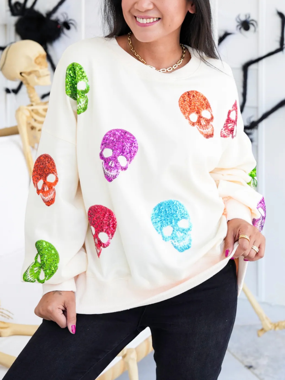 Multi Colored Sequin Skulls Sweatshirt (Buy 2 Free Shipping)
