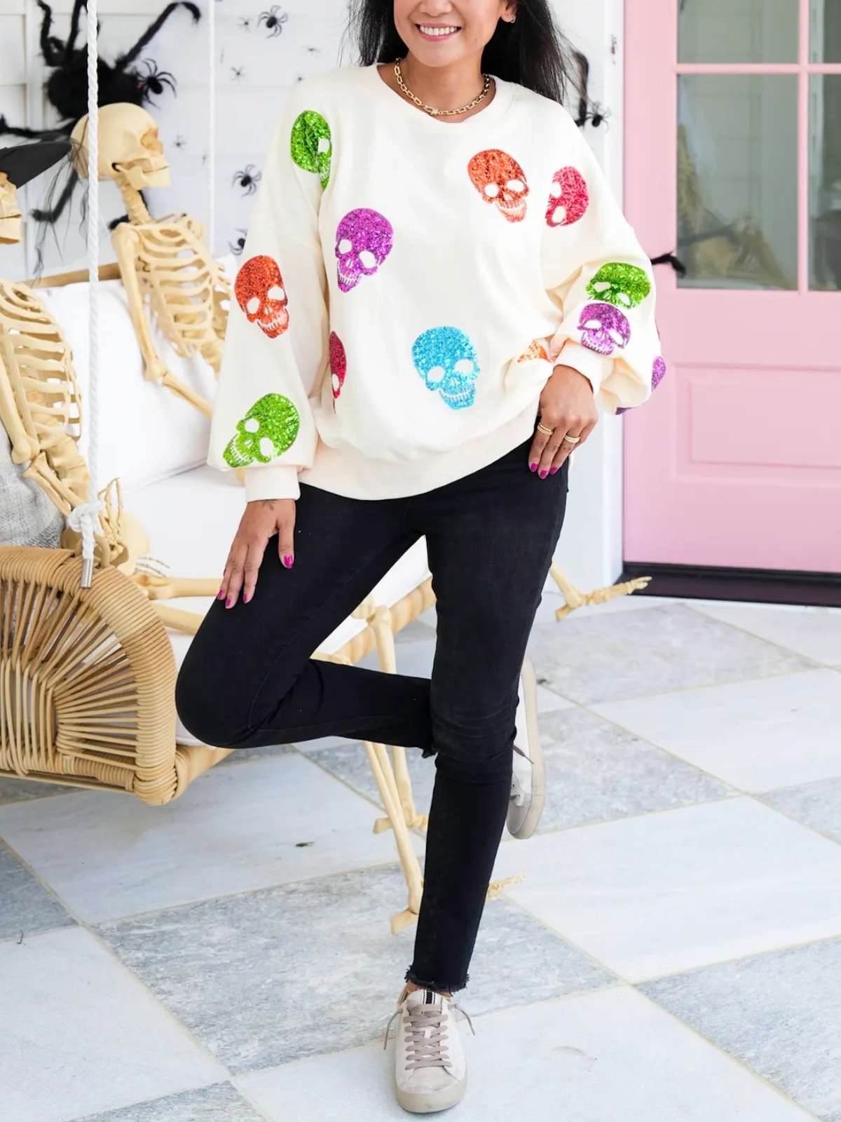 Multi Colored Sequin Skulls Sweatshirt (Buy 2 Free Shipping)