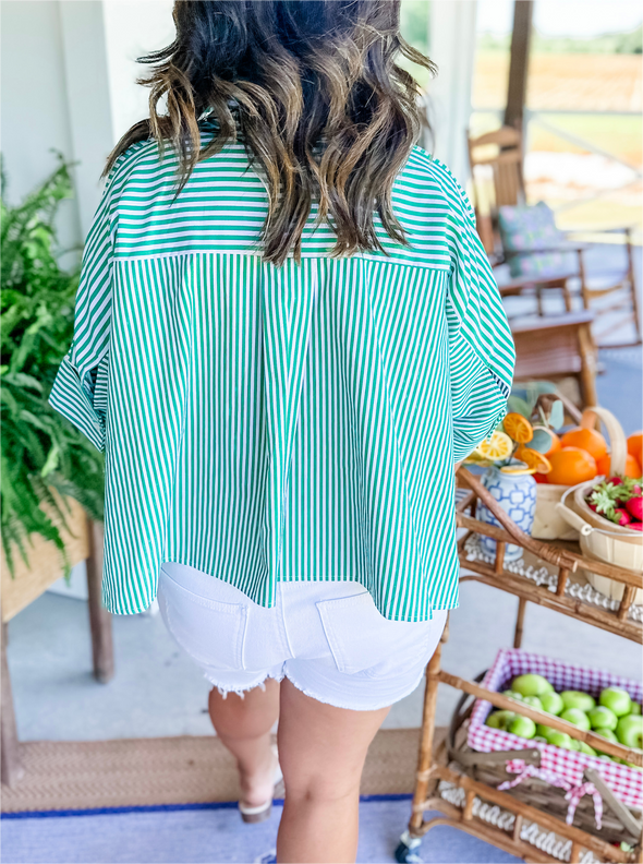 Striped button shirt side slit hem Swing Top