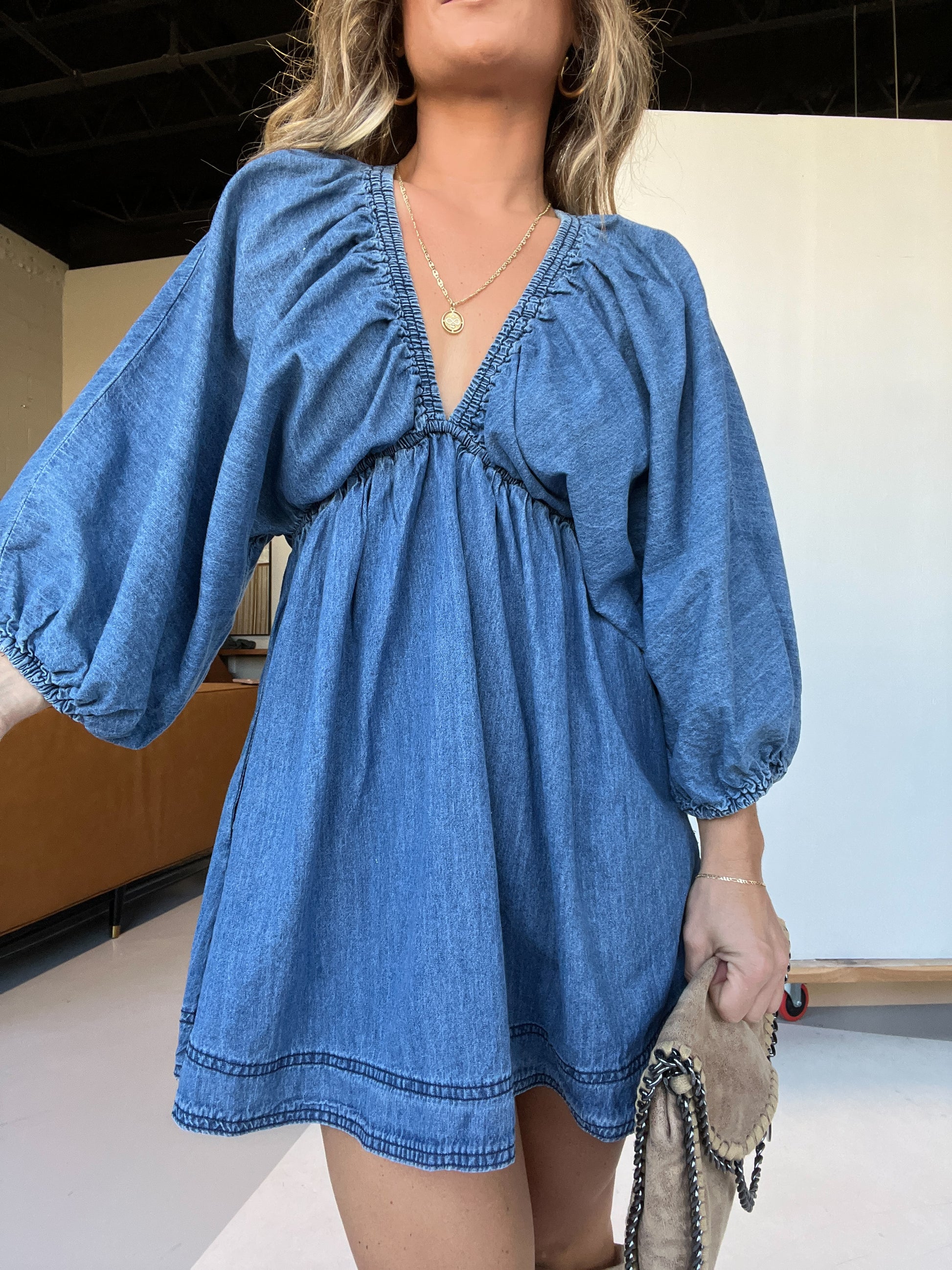 Women's Deep V Puff Sleeve Denim Dress with Pockets (Buy 2 Free Shipping) 