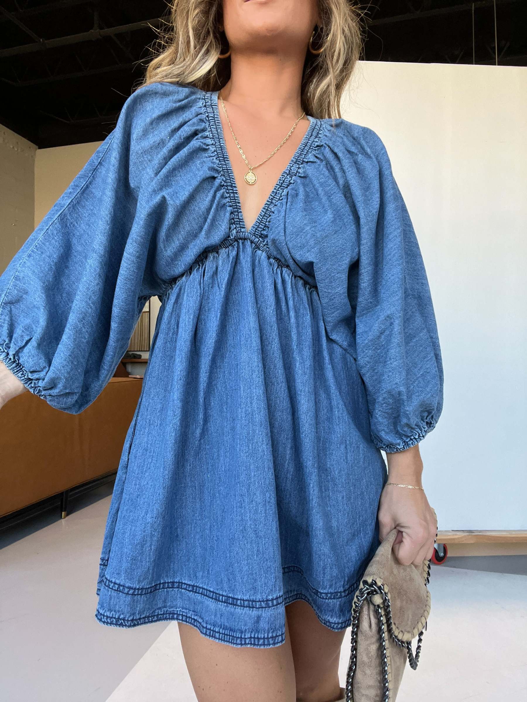 Women's Deep V Puff Sleeve Denim Dress with Pockets (Buy 2 Free Shipping) 