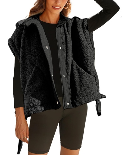 Sleeveless Button Paneled Sherpa Vest with Pockets (Buy 2 Free Shipping)