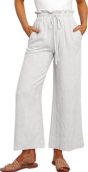 Women's High Waist Drawstring Wide Leg Linen Pants-Pink Laura