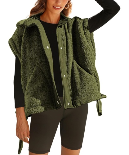 Sleeveless Button Paneled Sherpa Vest with Pockets (Buy 2 Free Shipping)