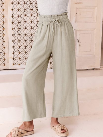 Women's High Waist Drawstring Wide Leg Linen Pants-Pink Laura