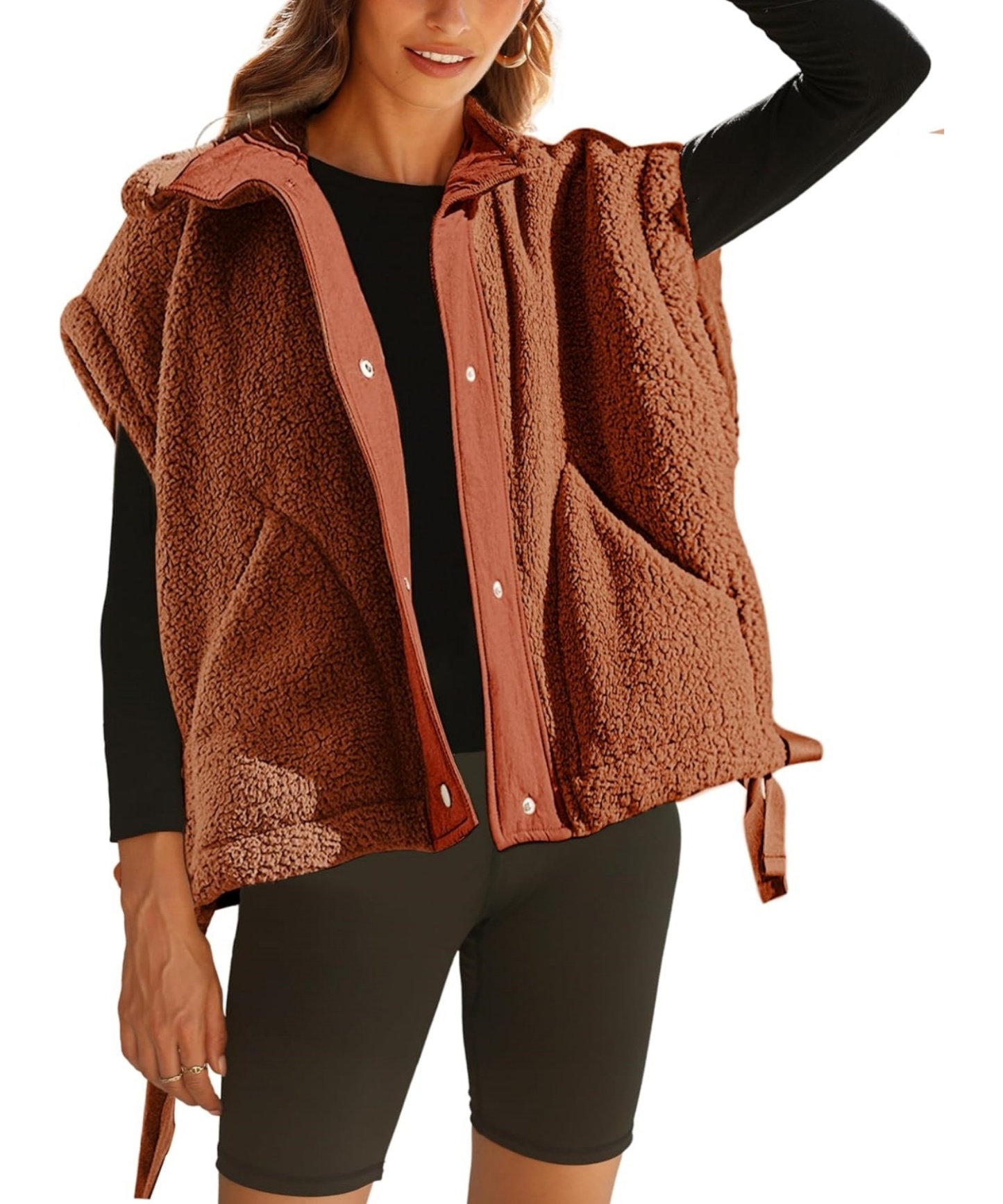 Sleeveless Button Paneled Sherpa Vest with Pockets (Buy 2 Free Shipping)