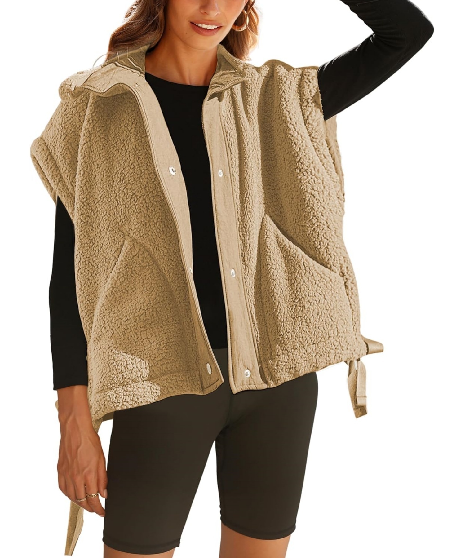 Sleeveless Button Paneled Sherpa Vest with Pockets (Buy 2 Free Shipping)
