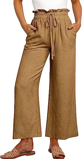 Women's High Waist Drawstring Wide Leg Linen Pants-Pink Laura