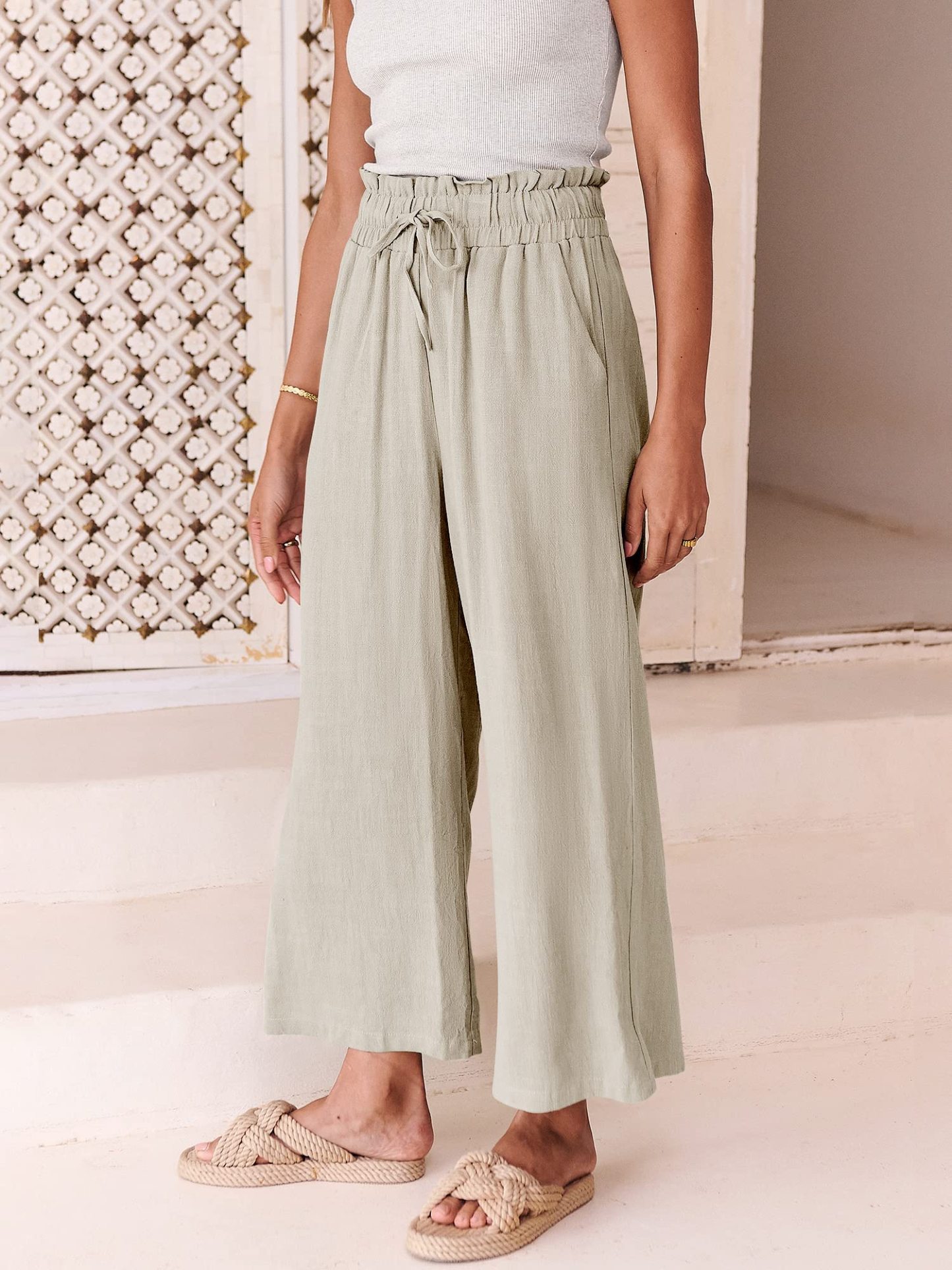 Women's High Waist Drawstring Wide Leg Linen Pants-Pink Laura