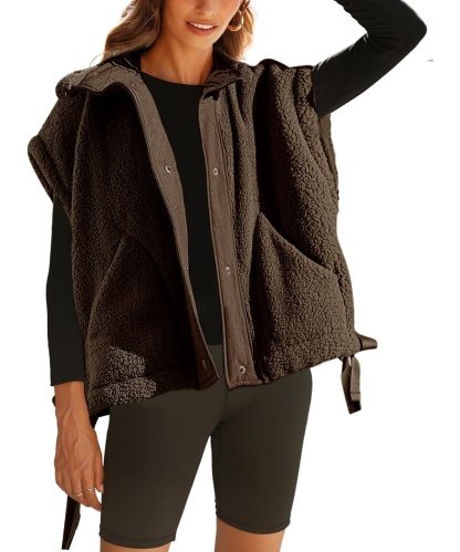 Sleeveless Button Paneled Sherpa Vest with Pockets (Buy 2 Free Shipping)