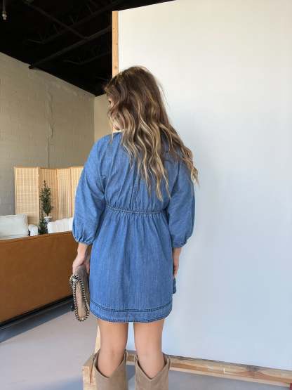Women's Deep V Puff Sleeve Denim Dress with Pockets (Buy 2 Free Shipping) 
