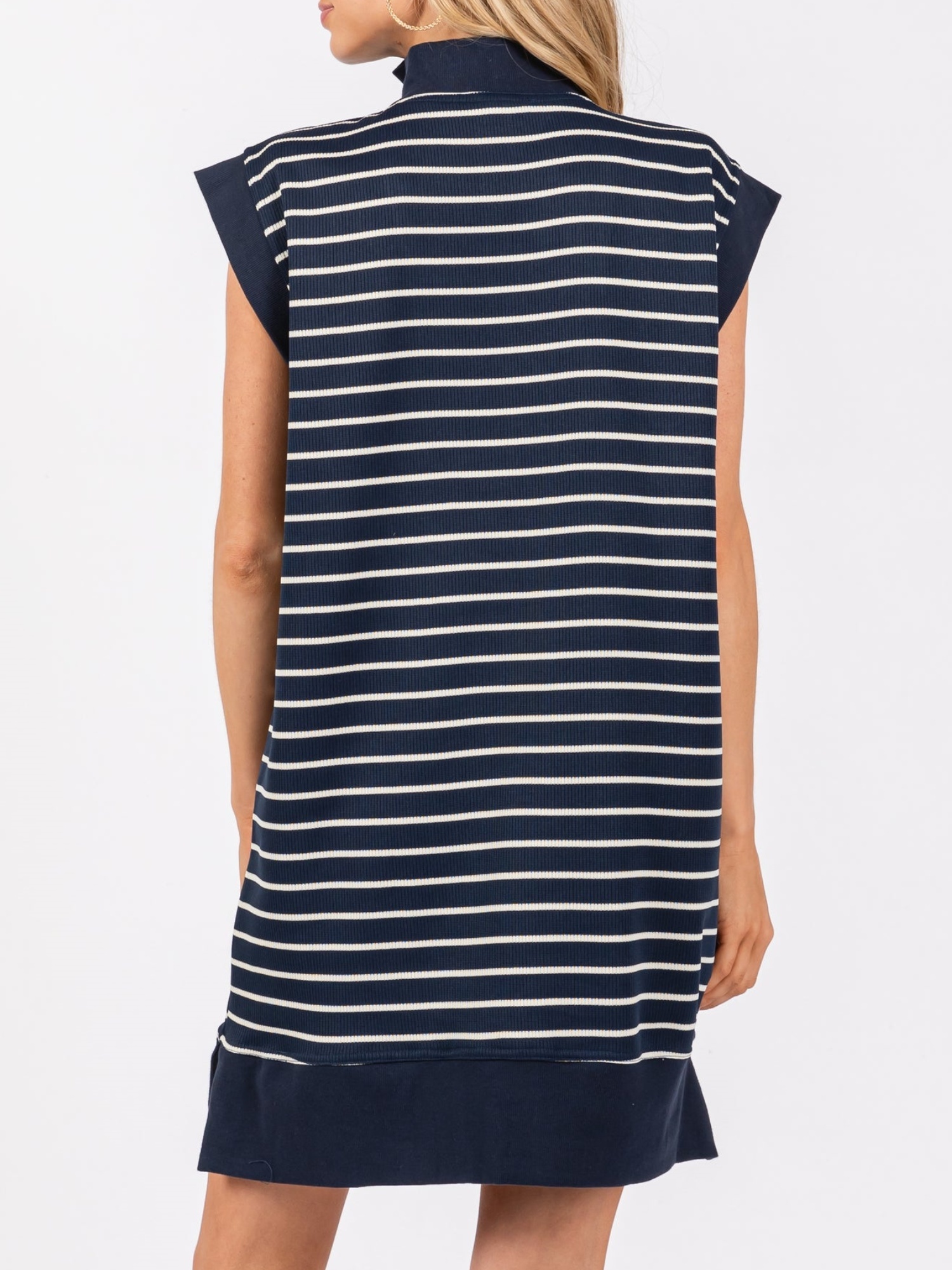 Striped Knit Cap Sleeve Half-Zip Mini Dress (Buy 2 Free Shipping)