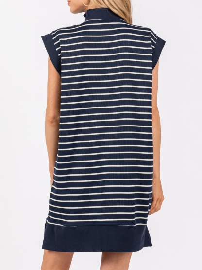 Striped Knit Cap Sleeve Half-Zip Mini Dress (Buy 2 Free Shipping)