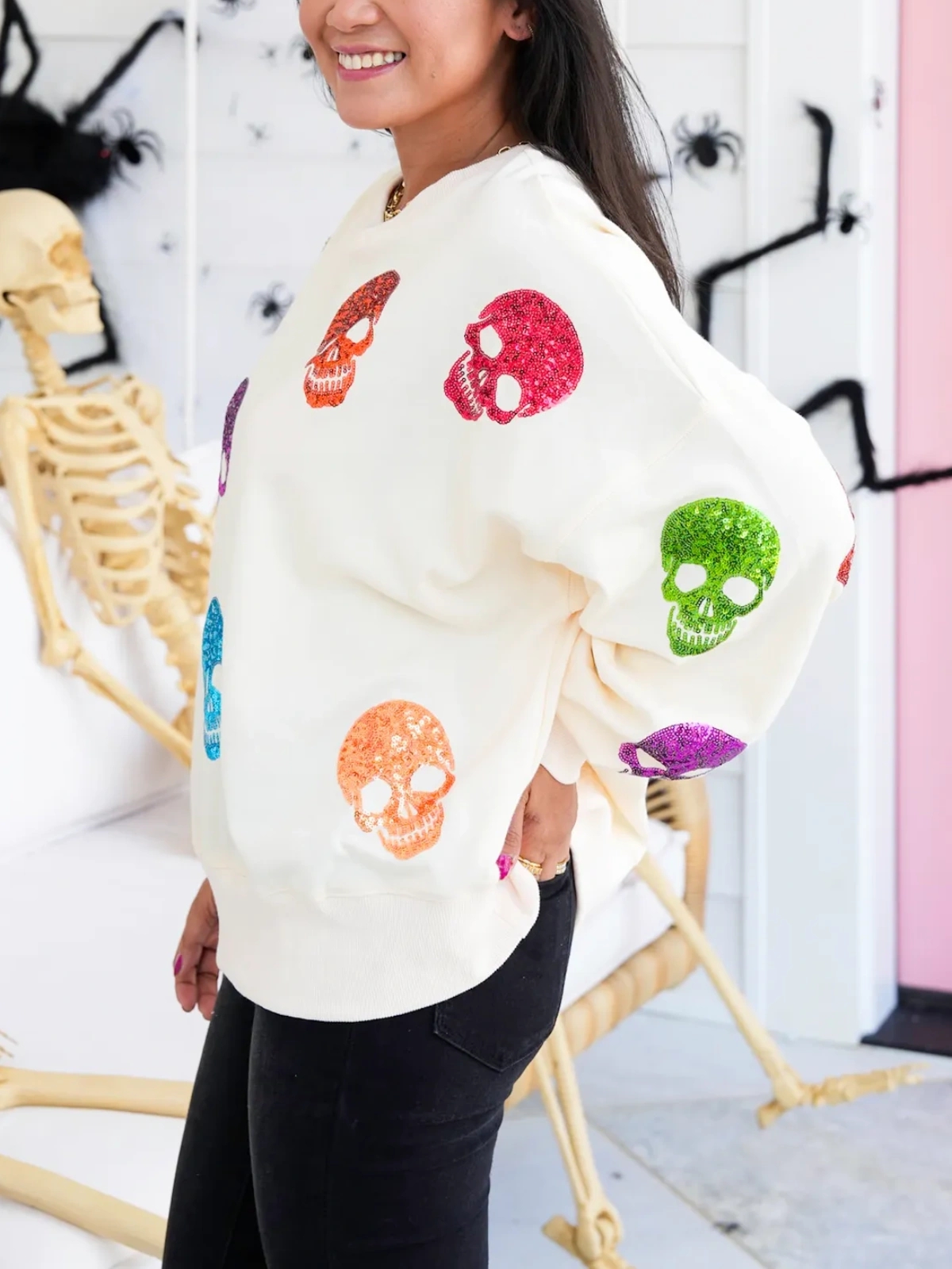 Multi Colored Sequin Skulls Sweatshirt (Buy 2 Free Shipping)