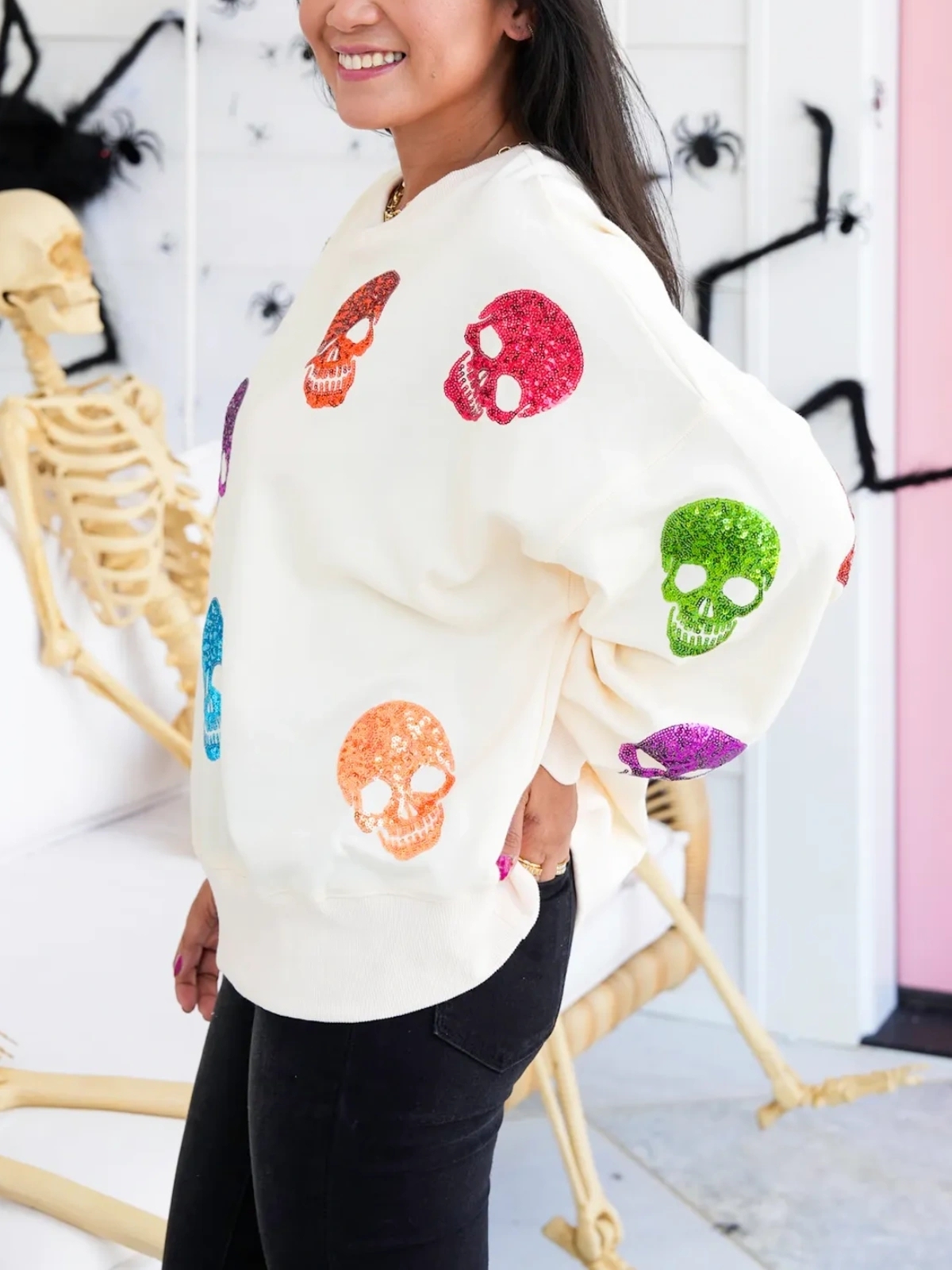 Multi Colored Sequin Skulls Sweatshirt (Buy 2 Free Shipping)