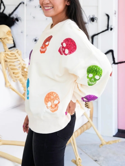 Multi Colored Sequin Skulls Sweatshirt (Buy 2 Free Shipping)