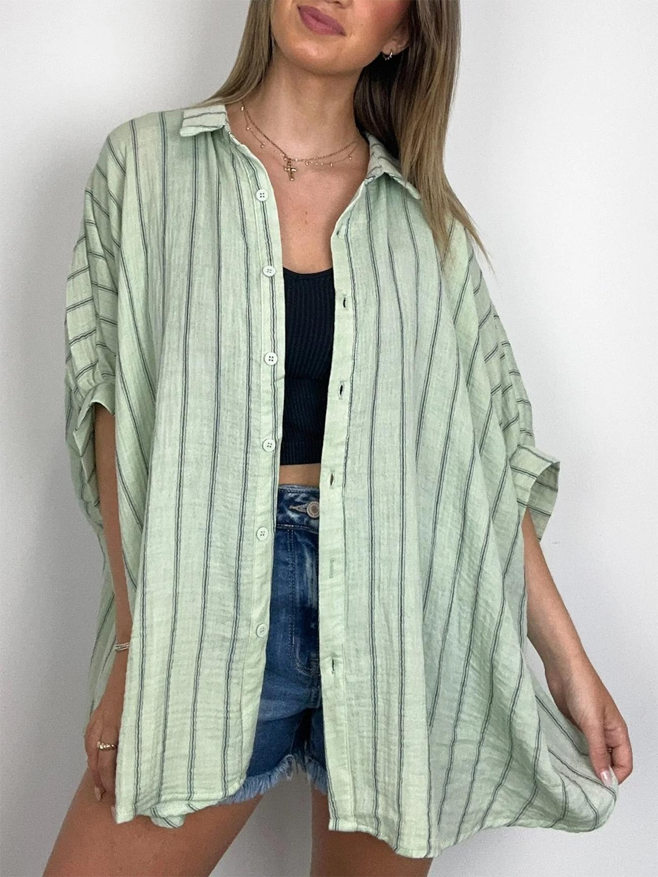 2024 Popular Oversized Striped Button Down Top Shirt jacket(50% OFF🔥)