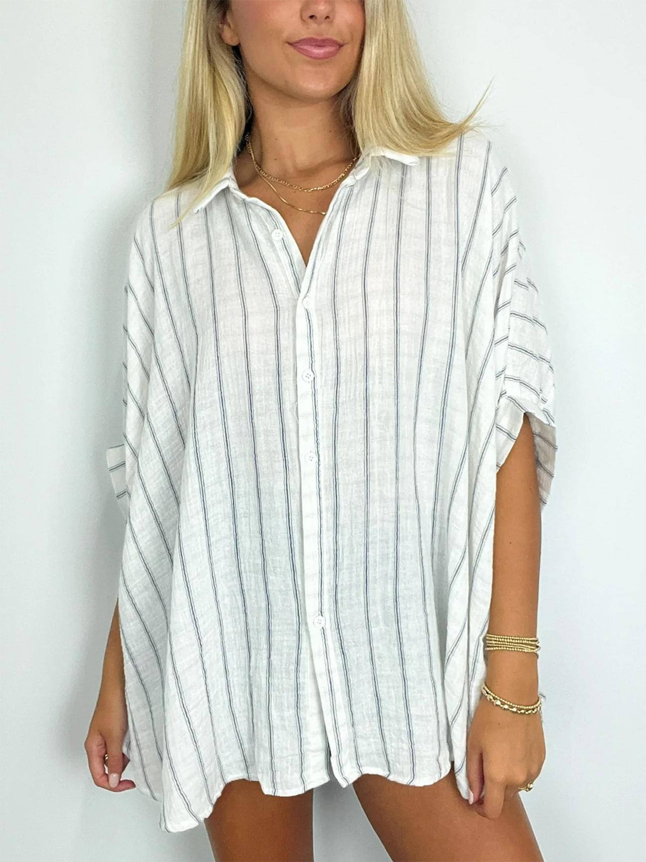 2024 Popular Oversized Striped Button Down Top Shirt jacket(50% OFF🔥)