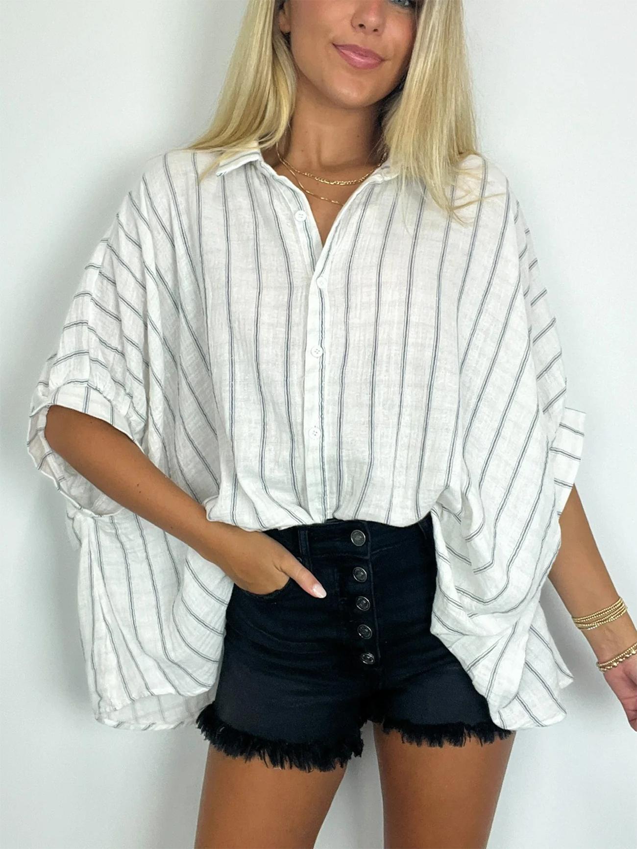 2024 Popular Oversized Striped Button Down Top Shirt jacket(50% OFF🔥)