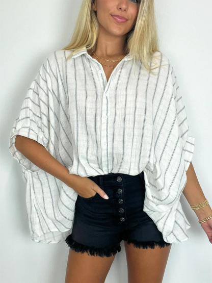 2024 Popular Oversized Striped Button Down Top Shirt jacket(50% OFF🔥)