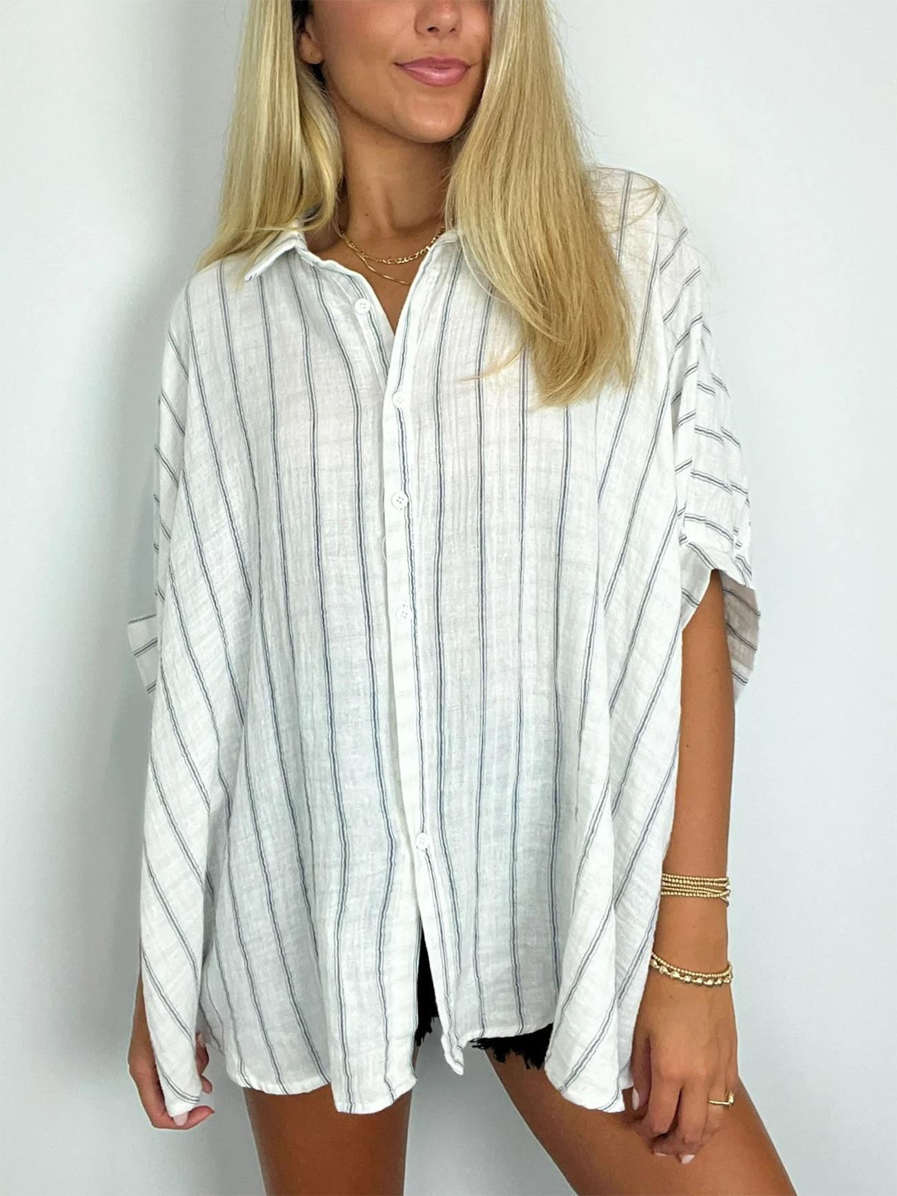 2024 Popular Oversized Striped Button Down Top Shirt jacket(50% OFF🔥)