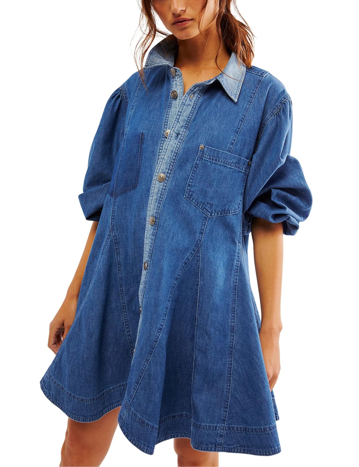 Women's Long Balloon Sleeves Button Down Denim Dress (Buy 2 Free Shipping)