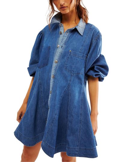 Women's Long Balloon Sleeves Button Down Denim Dress (Buy 2 Free Shipping)