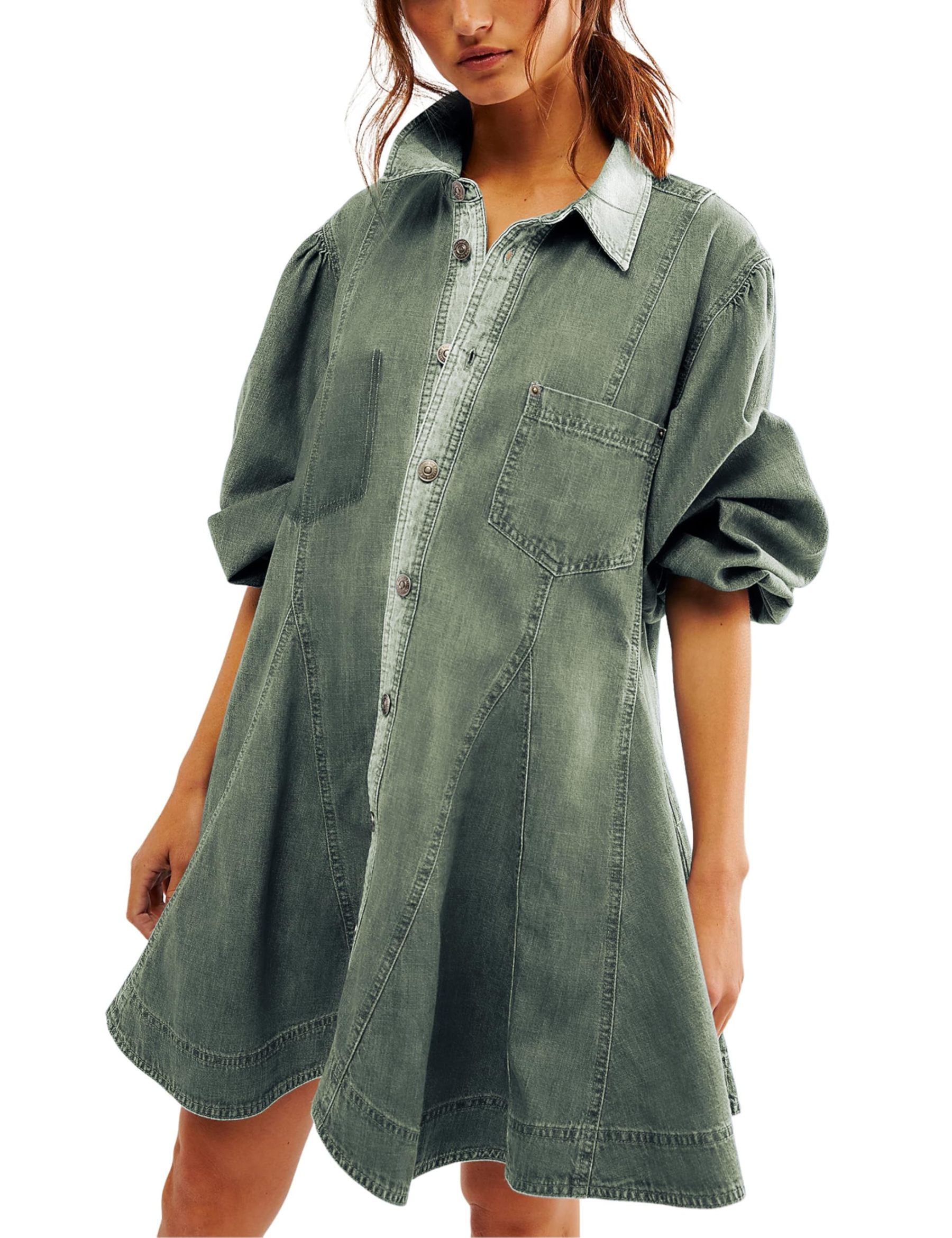 Women's Long Balloon Sleeves Button Down Denim Dress (Buy 2 Free Shipping)