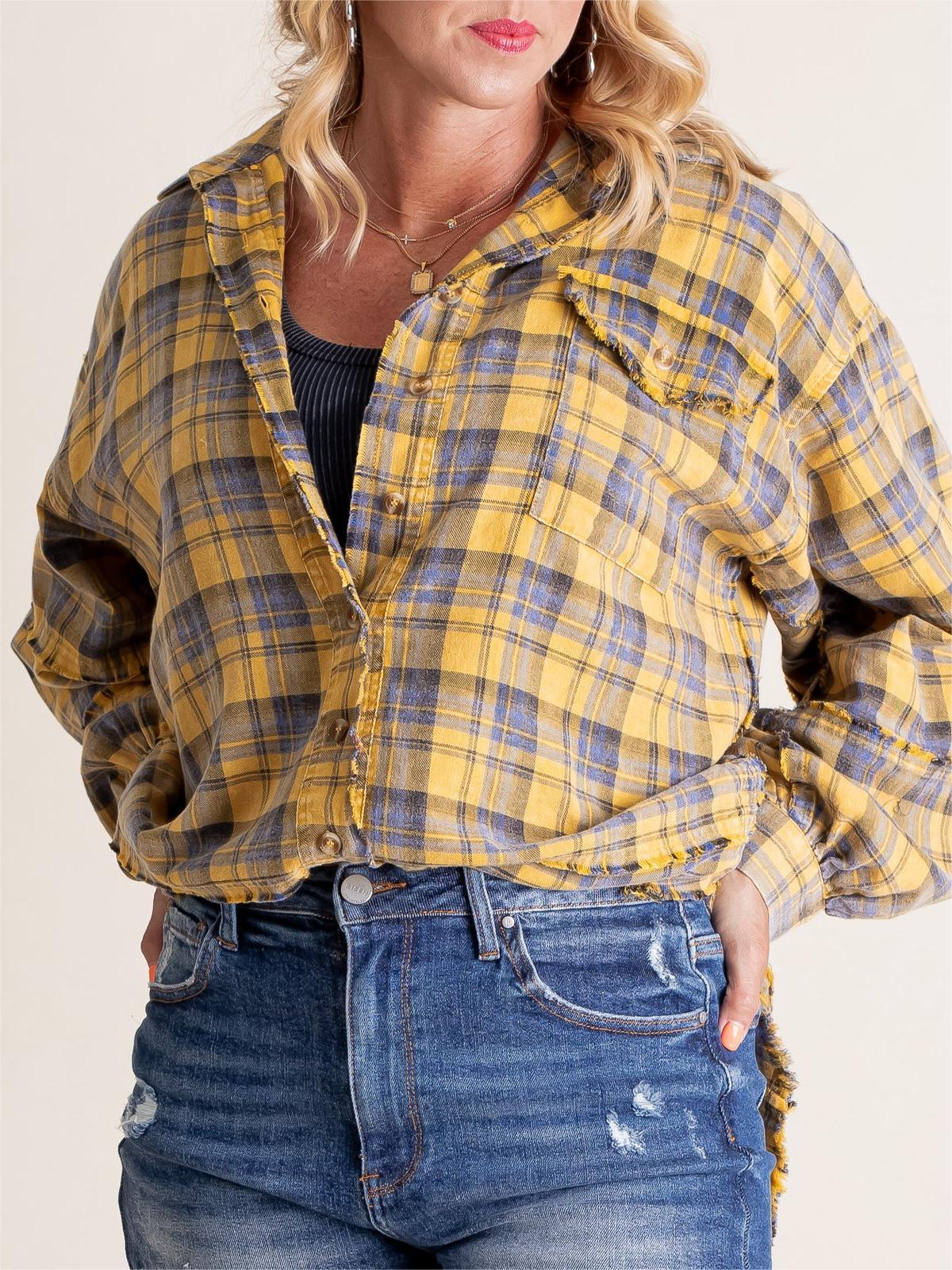 Women's Mineral Washed Plaid Button Down Shirt With Pockets (Buy 2 Free Shipping)
