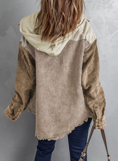 Fall Button Down Color Block Corduroy Hooded Jacket