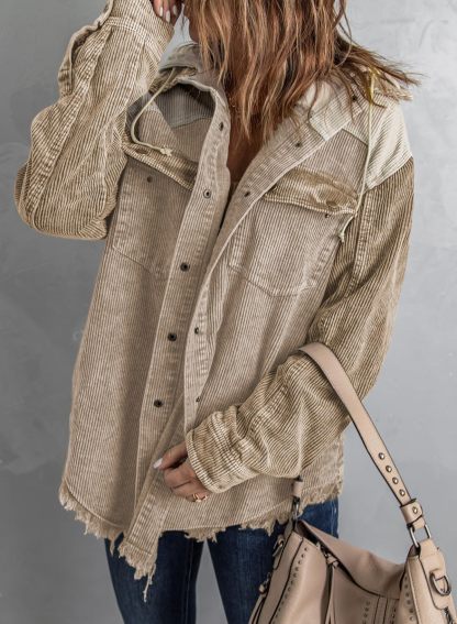 Fall Button Down Color Block Corduroy Hooded Jacket