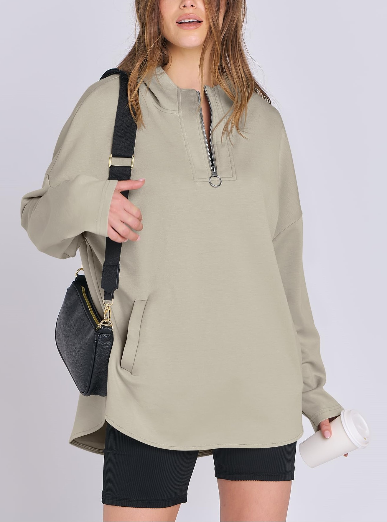 Women's Oversized Quarter Zip Hoodie With Pockets